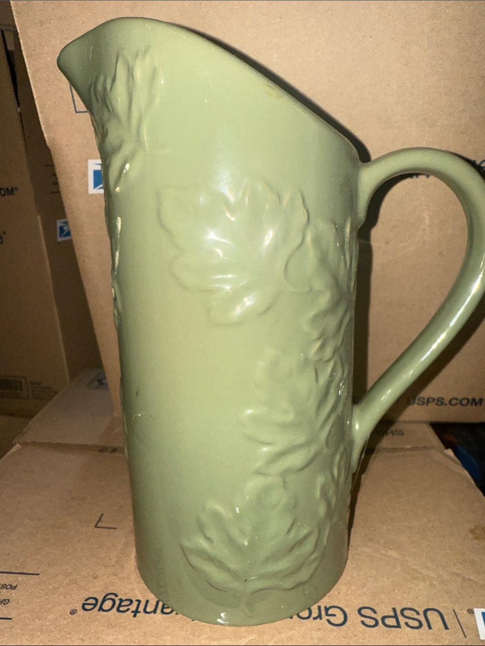 Green Ceramic Leaf Embossed Pitcher - Home Art - 10” x 4”